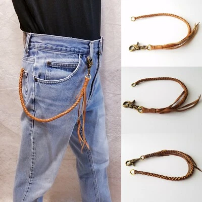 Braided Leather Wallet Chain Lanyard Long Brass Biker Trucker Key Handmade Brown - Image 1 of 4