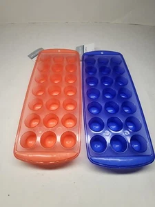 Set of Two Round Ice Cube Trays Red & Blue Plastic With Anti Slip Rubber Feet - Picture 1 of 2