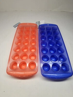 Set of Two Round Ice Cube Trays Red & Blue Plastic With Anti Slip Rubber Feet - Image 1 of 2