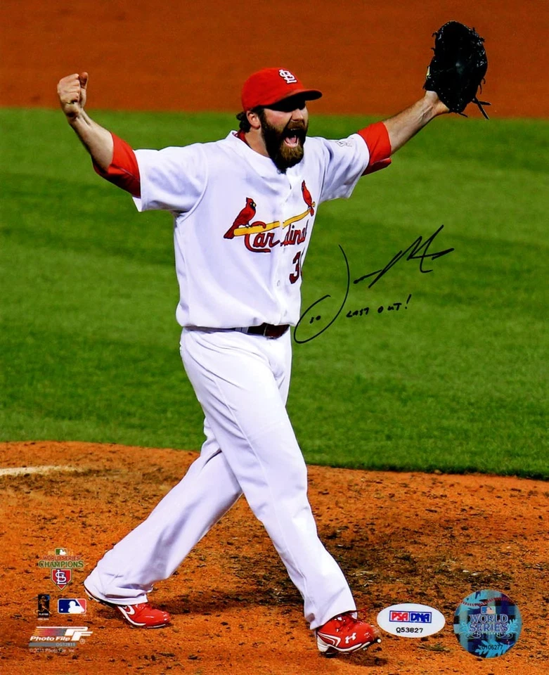 杰森·莫特签名 8 x 10 照片 + 最后出局!  红雀队 PSA/DNA 亲笔签名 — 第 1/1 张图片