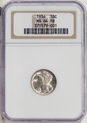 Moneda de diez centavos de mercurio de plata casi gema 1934 NGC MS 64 FB ~ Foto 1 de 2
