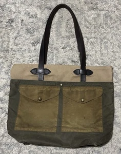 RARE Vintage Filson Two-tone Waxed Canvas Tote Bag Green & Tan Made in USA - Picture 1 of 19