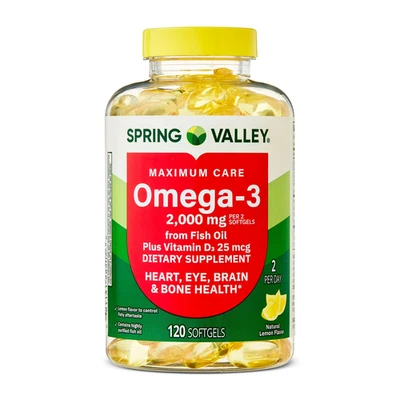 Spring Valley Omega-3 Fish Oil 2000mg Softgels, 120 Ct – Heart & Brain Support - Image 1 of 4