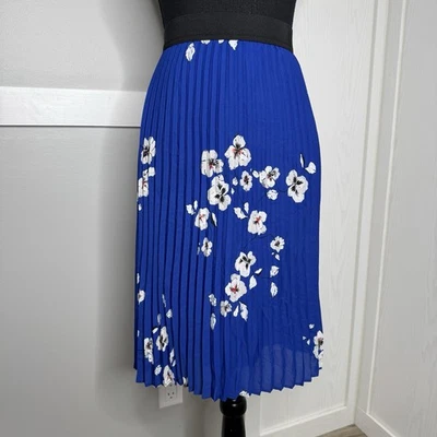 Ann Taylor Factory Blue Floral Pleated Midi Skirt Size SP Elastic Waist - Image 1 of 4