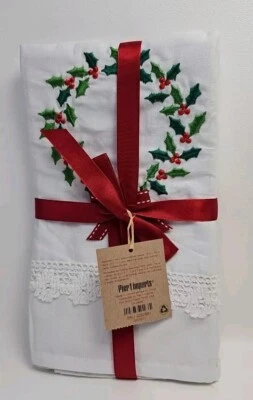 3 Pier 1 Importaciones Bordadas Blanco Vacaciones Toallas de Té Toallas de Cocina 16" x 28" Foto 1 de 4