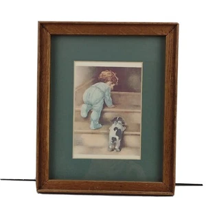 Bessie Pease Gutmann 9" X 11.75" Framed Picture Child and Puppy Climbing Stairs - Bild 1 von 4
