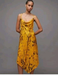 BNWT ALLSAINTS 35% SILK YELLOW BLACK FLECK MIDI STRAPPY SLIP DRESS UK 10/US 6 - Picture 1 of 5