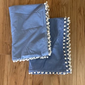 Pottery Barn Curtain Panels Set 2 Periwinkle Blue Cotton Pocket 44x63” Pom Poms - Picture 1 of 6