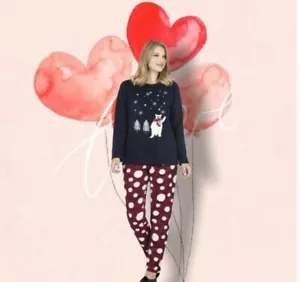 Women Pajama Set_Long Sleeve Top and Pant Set_Lounge Wear_Cute Bear (Size: S) - Picture 1 of 3