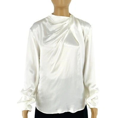 Mango MNG Women White Ruched Satin Long Sleeves Blouse Size S - Image 1 of 4
