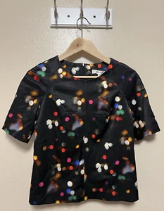 Milly City Lights Black Blouse Top Short Sleeve Shirt Zips Abstract Dot Womens 2 - Picture 1 of 13
