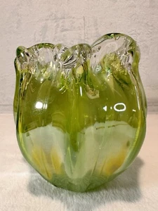 Thick Hand Blown Tulip Ruffled Green Cabbage Flower Vase Planter Glass Bowl Pot - Picture 1 of 16