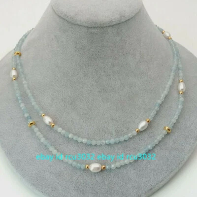 2 Rows Faceted 4mm Blue Aquamarine & 6-7mm White Rice Pearl Necklace 17-18'' AA - Image 1 of 4