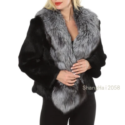 Chaqueta cálida para mujer 100 % abrigo corto de piel de conejo real con cuello grande de piel de zorro plateado Foto 1 de 4