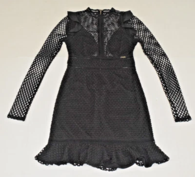 Guess 连衣裙 XS 码黑色网眼修身荷叶边下摆半透明紧身衣 — 第 1/4 张图片