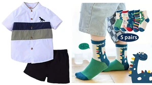 Dinosaur Graphic Print Boy's Short Sleeve Shirt / Shorts and 5 Pairs of Socks - Picture 1 of 14