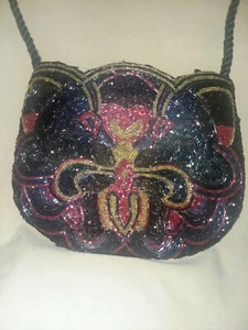 Vintage Black Beaded Shoulder Bag. 7" Wide 6" Tall Strap Length 19" Satin... - Picture 1 of 7