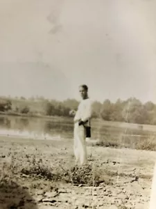 Antique Black & White Photo 3 1/4" x 4 1/4" Dapper Young Man Standing Near River - Picture 1 of 3