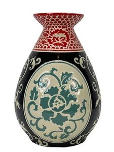 Decorated Vase Multi Red Blue Scroll Boho Moroccan 9 1/4" Tall Mixed Patterns - Picture 1 of 6