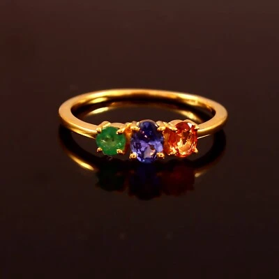 Tanzanite & Sapphire and Emerald Gold Ring ,14k Solid Yellow Gold, Handmade Ring - Image 1 of 3