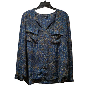 Jones New York Signature Blouse Women’s XL Navy Blue Paisley Long Sleeve Top - Picture 1 of 5