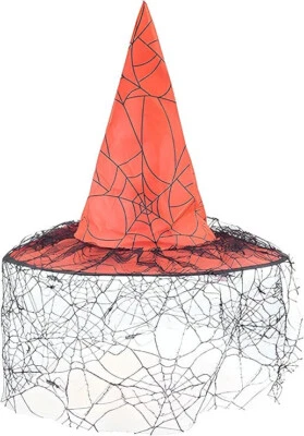 HALLOWEEN CHILDRENS WITCH WITCHES HAT RED LACE SPIDER WEB VEIL HAT FANCY DRESS - Image 1 of 3