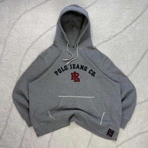 Vintage Retro Ralph Lauren Polo Jeans Co Grey Spellout Hoodie Pullover Jumper - Picture 1 of 5