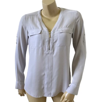 Camisa EXPRESS Mujer Talla Pequeña Gris Convertible Manga Larga Popover Media Cremallera Foto 1 de 4