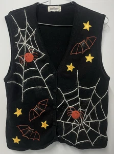 Women’s XL Vest IN RESOURCE Black Halloween Themed Spider Bats Top Knit Holiday - Picture 1 of 8