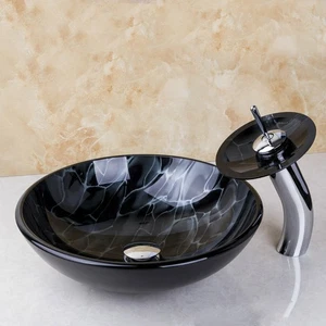 Fregaderos de vidrio redondos para baño negro lavabo cuencos mezclador grifo drenaje nuevo - Imagen 1 de 6