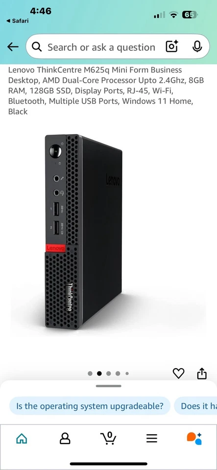 Lenovo ThinkCentre AMD M625q A4-9120C Tiny Mini Desktop 8GB RAM 128GB SSD W11Pro - Image 1 of 3