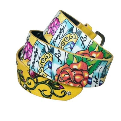 Ed Hardy Y2K Christian Audiger Yellow Manmade Leather  Bling Belt  Size Small  - Image 1 of 4