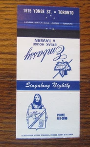 TORONTO, ONTARIO MATCHBOOK COVER: EMBASSY STEAKHOUSE RESTAURANT MATCHCOVER -A - Picture 1 of 2