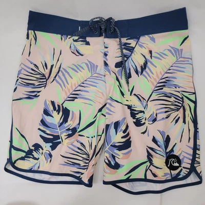Pantalones Cortos de Tabla QUIKSILVER Para Hombres Talla 34 Highline Surfsilk AZUL 9" Entrepierna Hojas de Palma Foto 1 de 4