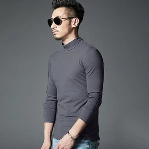 Mens Casual Slim Turtleneck Pullover Long Sleeve Top Solid Color T Shirt - Picture 1 of 18