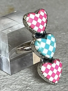 Sterling Silber rosa Türkis kariert 3 Herzen Ring Inlay Indianer Südwesten - Bild 1 von 13