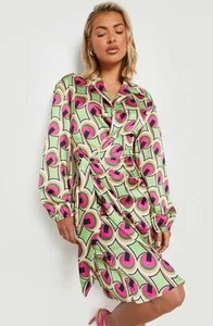 BNWT BEAUTIFUL SIZE 16 BOOHOO PINK GREEN RETRO DESIGN SATIN WRAP DRESS NEW - Picture 1 of 10