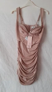 Bodycon-Minikleid Damen taupe mit Trägern und Rüschen und Perlenstickerei. Größe 6. Oh Polly. - Bild 1 von 7