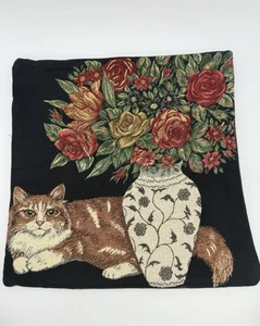 Cat And Roses Decorative Tapestry Throw Pillow Cover Handmade 16x16 Double Sided - Picture 1 of 8