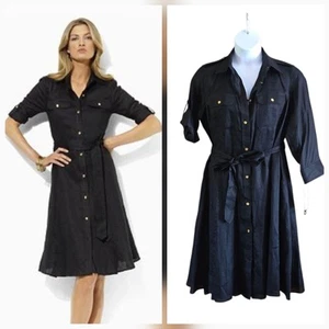NWT LAUREN RALPH LAUREN Linen Button Front Black Shirt Dress Belt 2 Pc Wmn Sz 1X - Picture 1 of 11