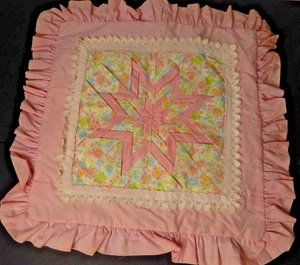 VTG Handmade Quilted Star Square Throw Pillow Cover Decorative 16” Ruffle Pink - Picture 1 of 12