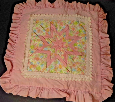 "Funda de almohada cuadrada estrella acolchada hecha a mano de colección decorativa 16"" con volantes rosa" Foto 1 de 4