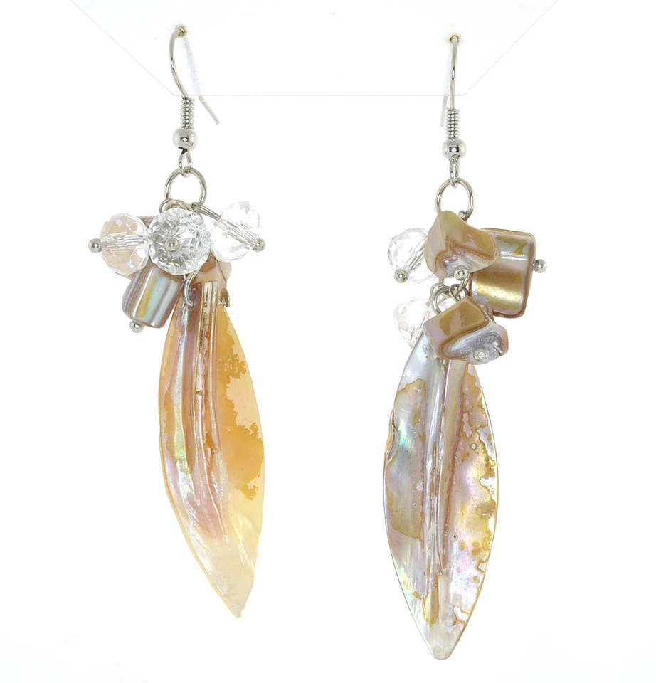 Abalone Leaf,Drop/Dangle,Leverback and Rhodium Plated Metal Base Earrings(E-275) - Image 1 of 1
