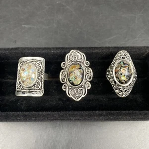Lote de 3 Anillos Grandes Piedra Esmaltada Tono Plata Aspecto Vintage Ornamentado Retro Boho Mod - Imagen 1 de 10
