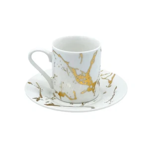 Porzellan Bone China Espresso Türkisch Kaffee Set 6 Tassen + Untertasse Gold Marmor - Bild 1 von 2