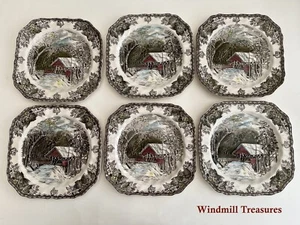 6 JOHNSON BROTHERS FRIENDLY VILLAGE COVERED BRIDGE SQUARE SALAD PLATES 8"- FAB - Picture 1 of 10