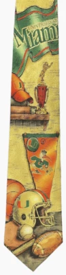 UNIVERSITY OF MIAMI Silk Tie Sports themed tie w/helmet, balls, pennants-EUC - Image 1 of 4