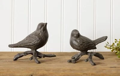 Birds On Branch Figurines Statues Rustic Brown Cast Iron Garden Porch Shelf - Image 1 of 4