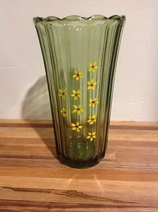 Vintage Ribbed Green florist vase with hand painted yellow flowers - Picture 1 of 1
