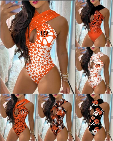 Cincinnati Bengals One Piece Halter Swimsuit Womens High Waisted Bathing Suit Cover